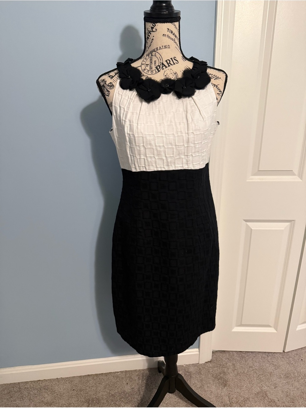 Taylor Black & White Floral Neck Midi Sheath Dress
